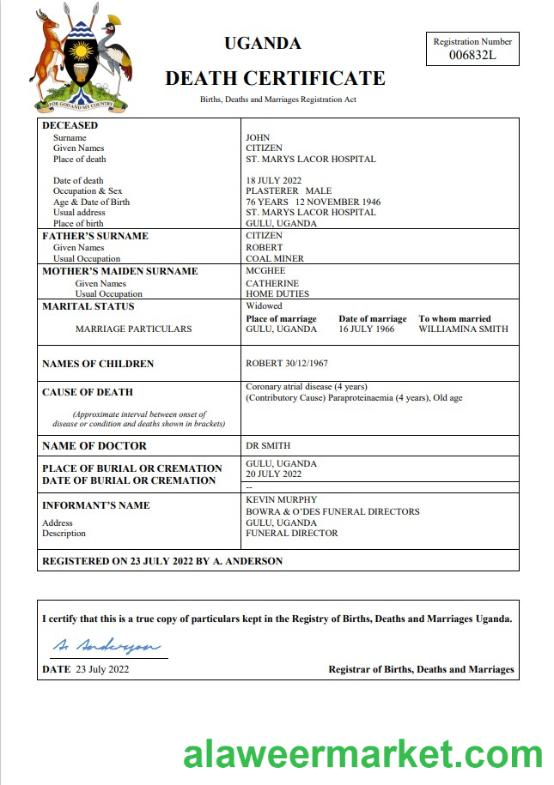 Uganda vital record death certificate Word and PDF template